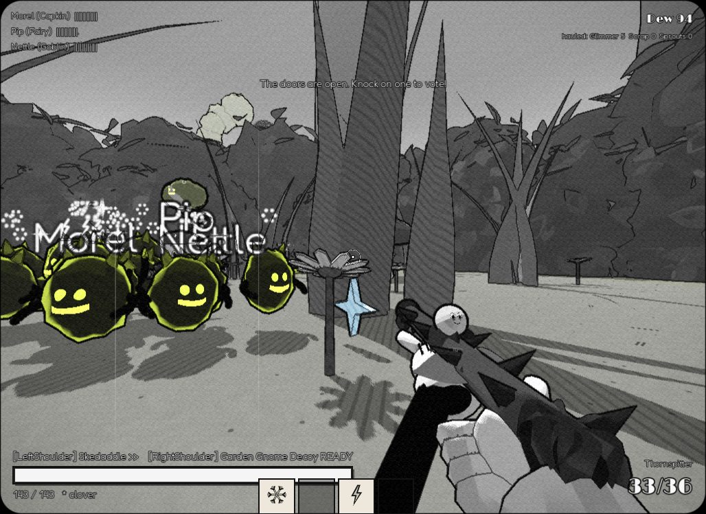 First-person view: a row of grinning, spiky Smudge creatures drawn in black with a bright green outline, with three teammates' name tags above them.