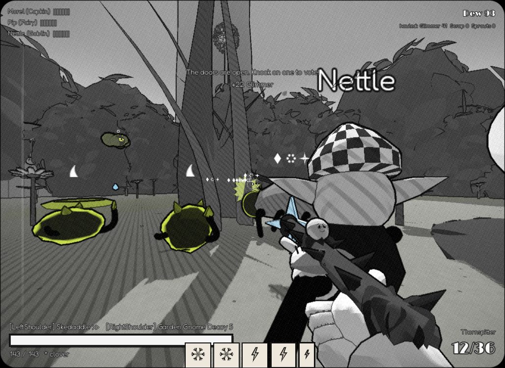 A teammate, a goblin in a checkered cap, fights beside you against green-outlined slicks of ink.